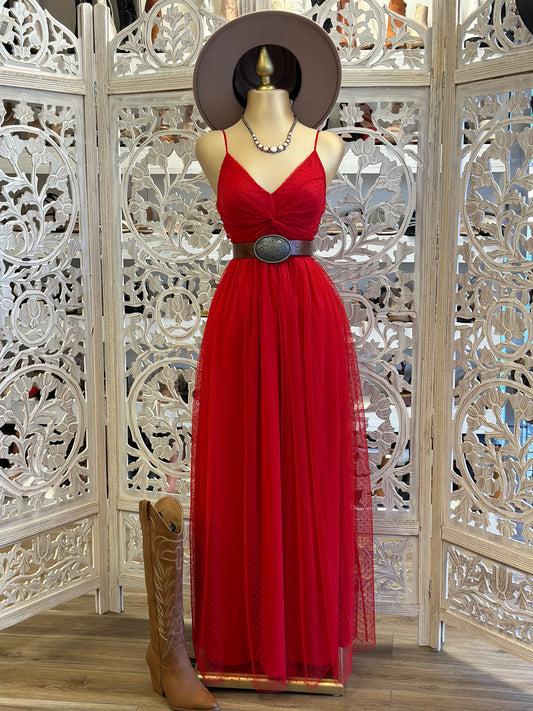 Red Knotted Tulle Maxi Dress- Not Stretchy