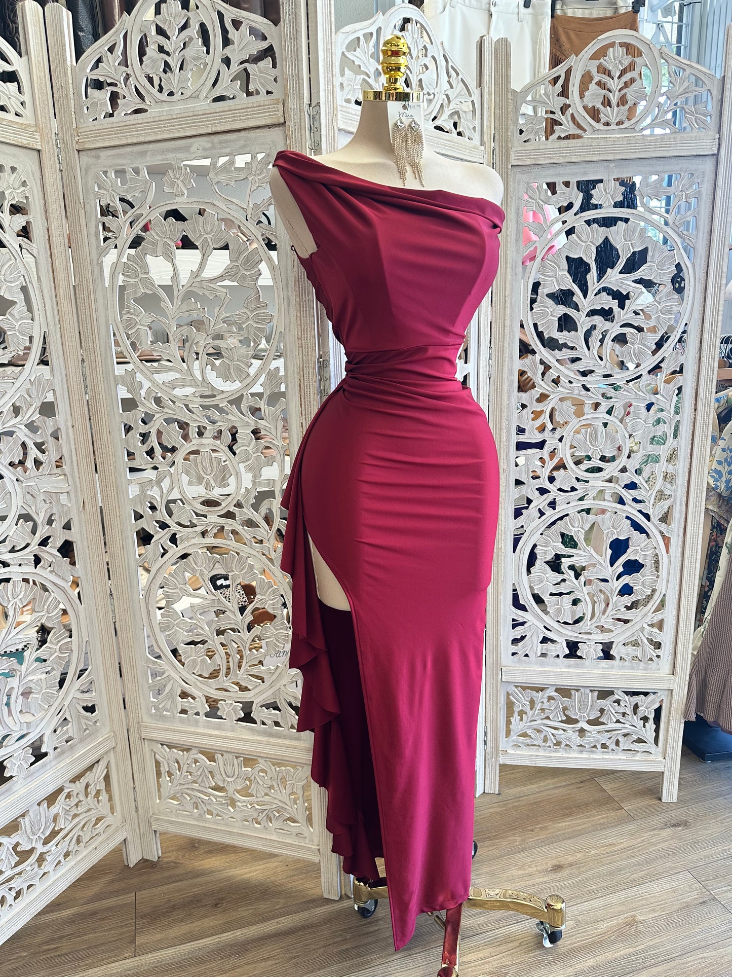 Burgundy High Slit Asymmetrical Dress - Estira, Stretchy