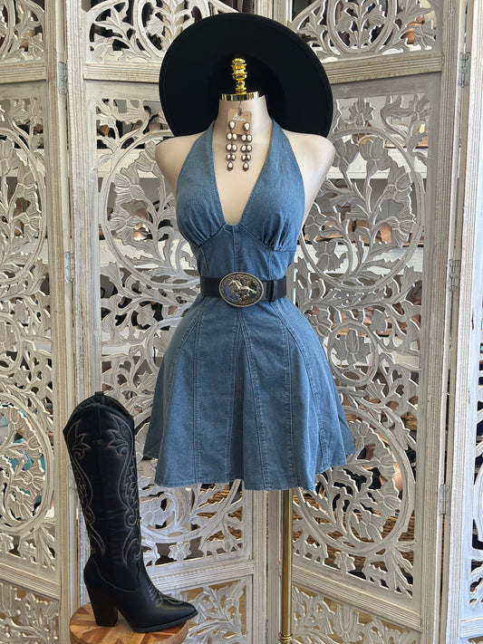 Deep V Denim Fit and Flare Dress-Estira, Stretchy