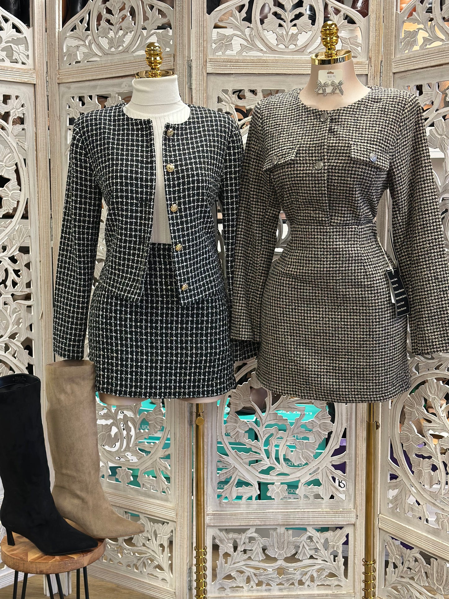 Houndstooth Blazer and Skirt Set - Not Stretchy, No Estira