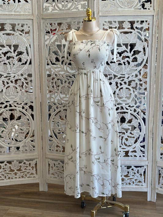Smocked Ivory Floral Maxi Dress-Estira, Stretchy