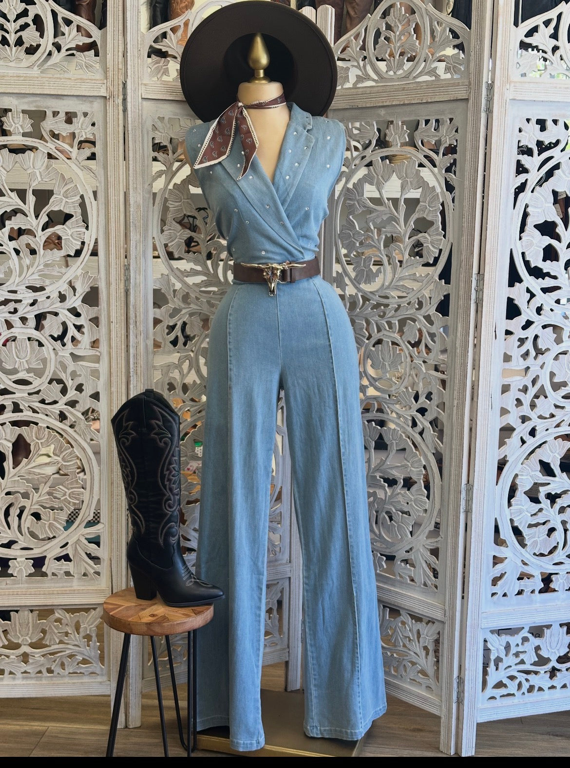 Frontier Lapel Denim Jumpsuit- Slightly Stretchy,Estira Poco