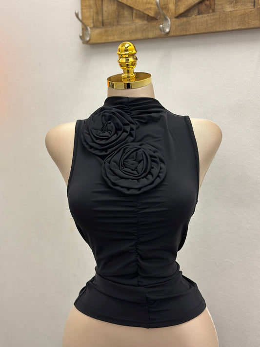 Black Flower Detail Ruched Top- Estira, Stretchy