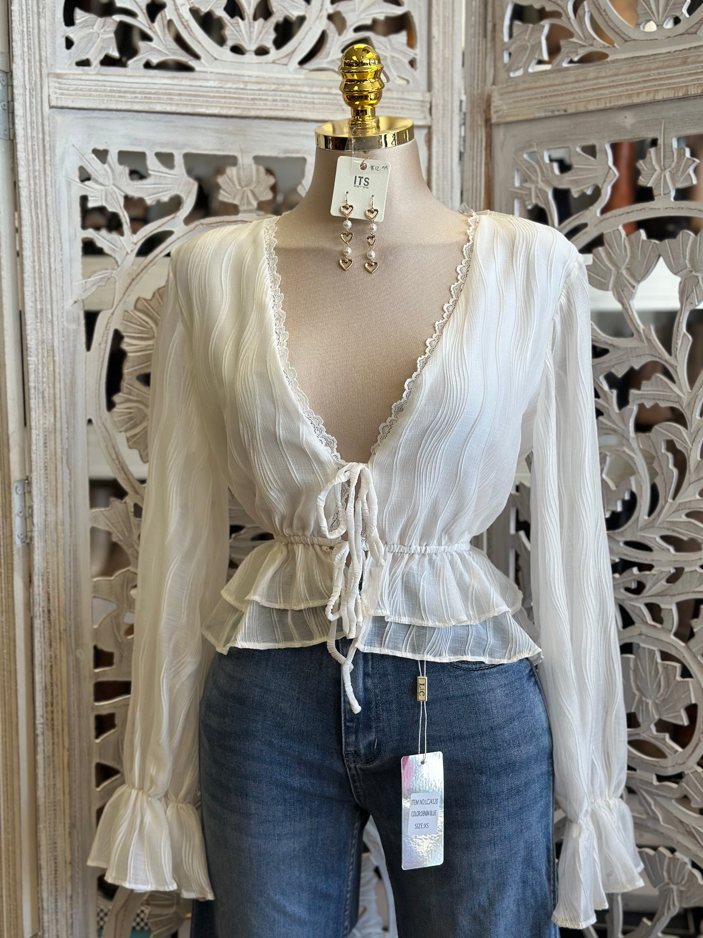 Ivory Lace Lined Blouse Top- Estira, Stretchy