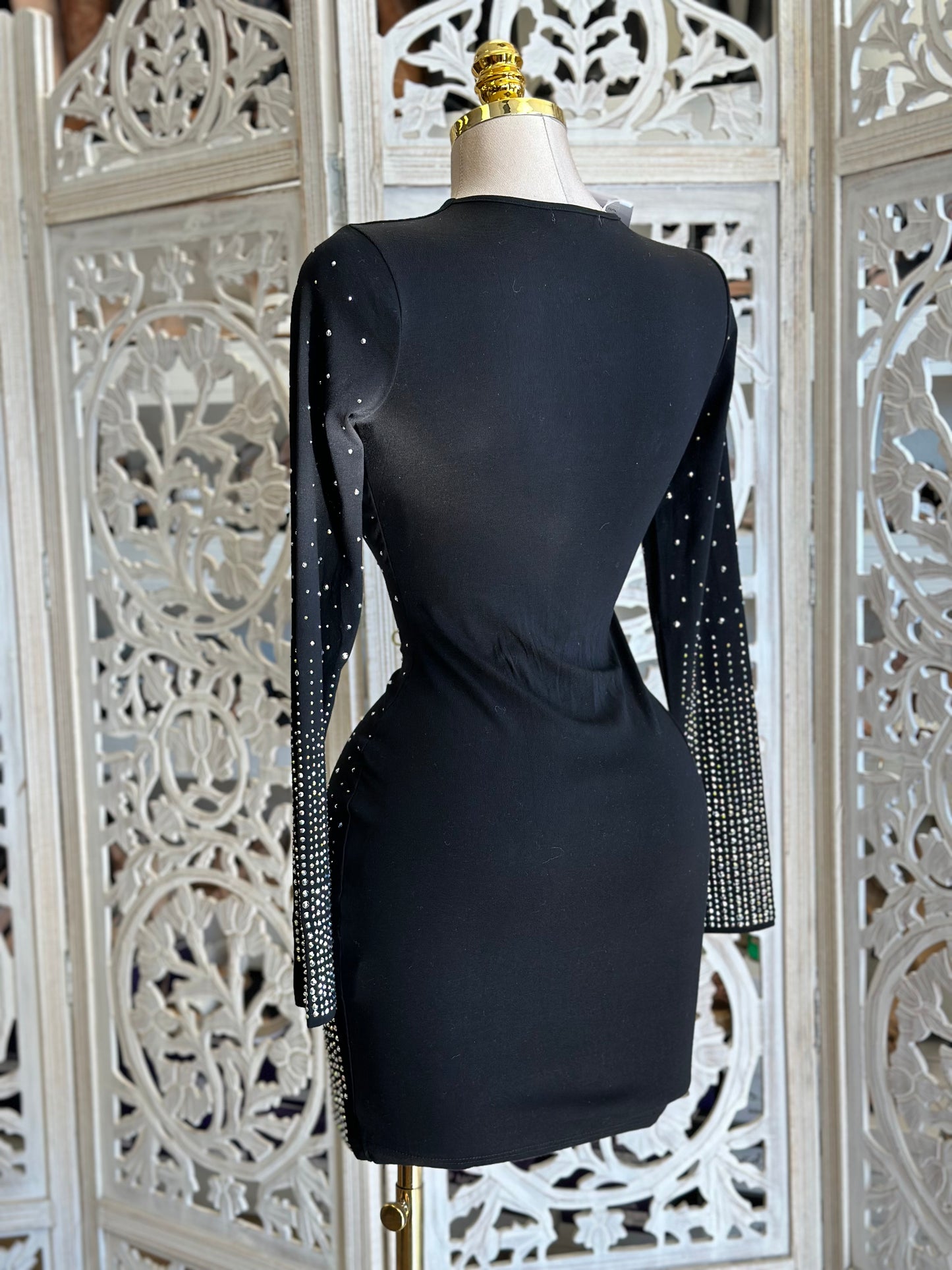 Black Rhinestone Gradient Mini Dress- Stretchy,Estira