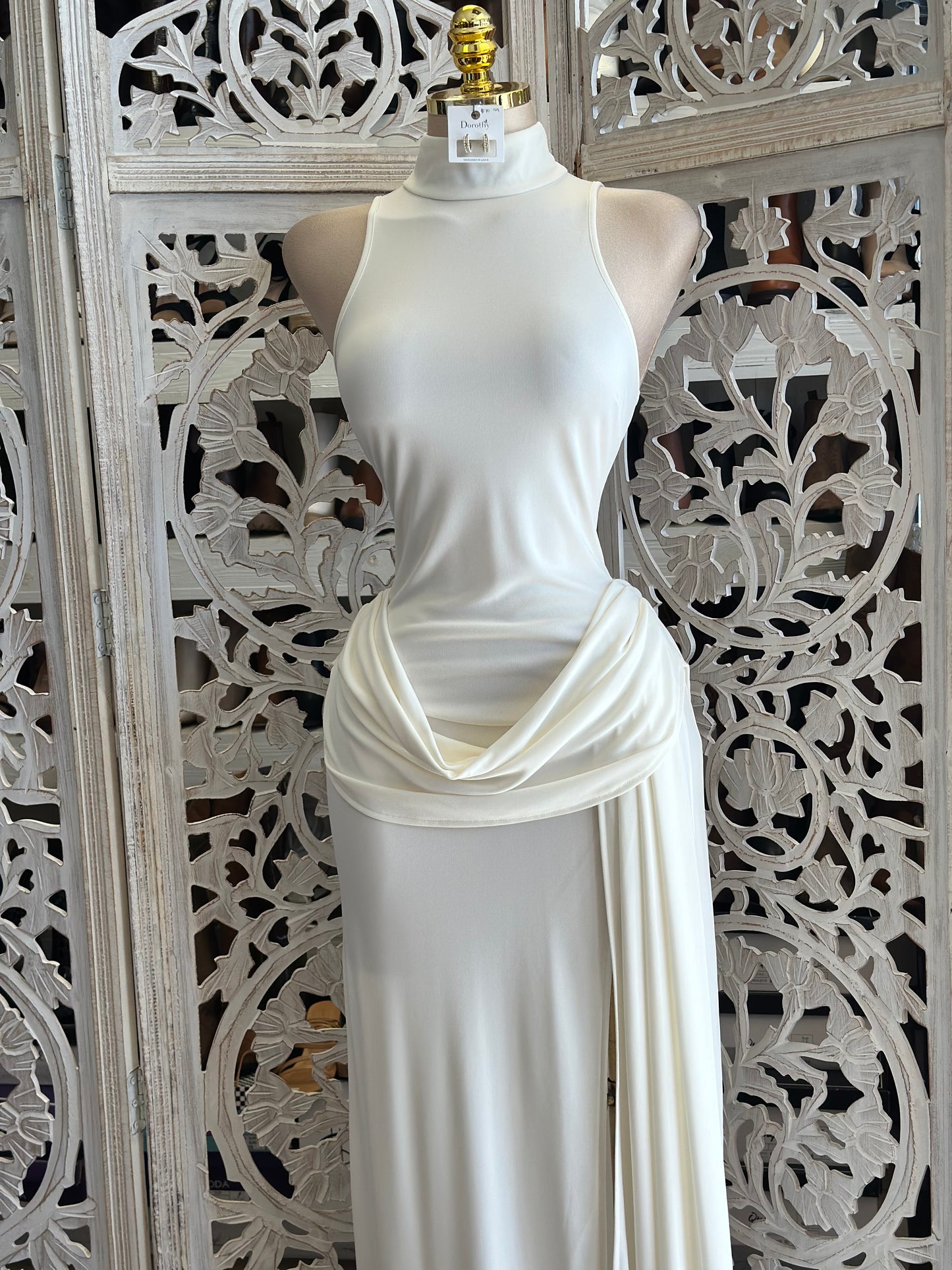 White Mock Neck Draped Maxi Dress-Estira, Stretchy