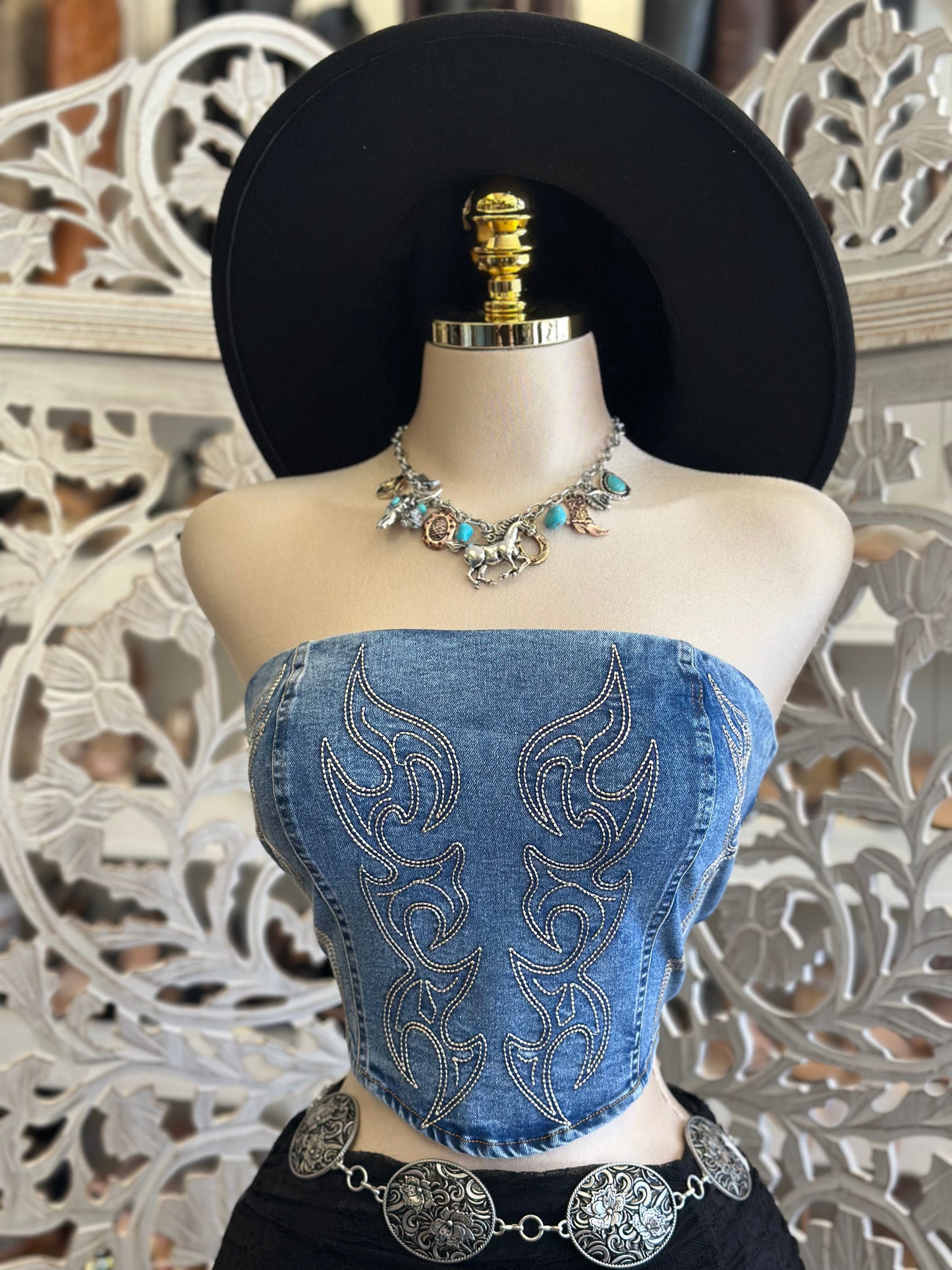 Denim Strapless Western Top - Estira, Stretchy