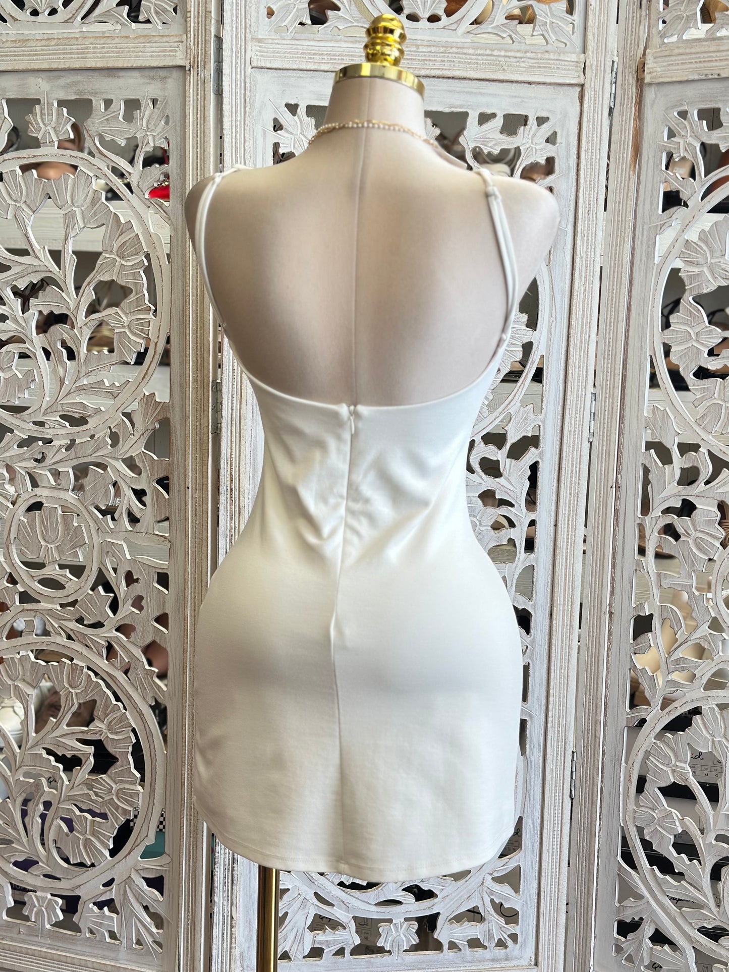 Scoop Back Ivory Mini Dress- Stretchy, Estira
