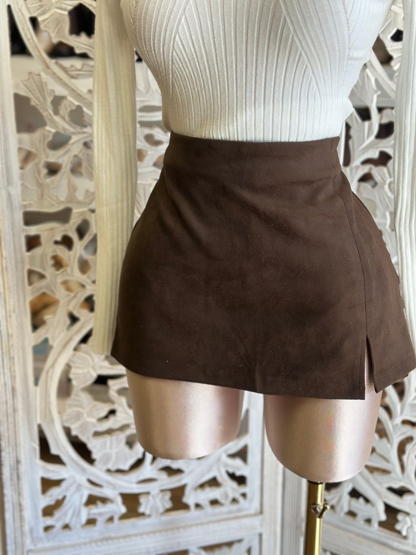 Earth Brown Suede Mini Skirt- Slightly Stretchy , Estira Poco