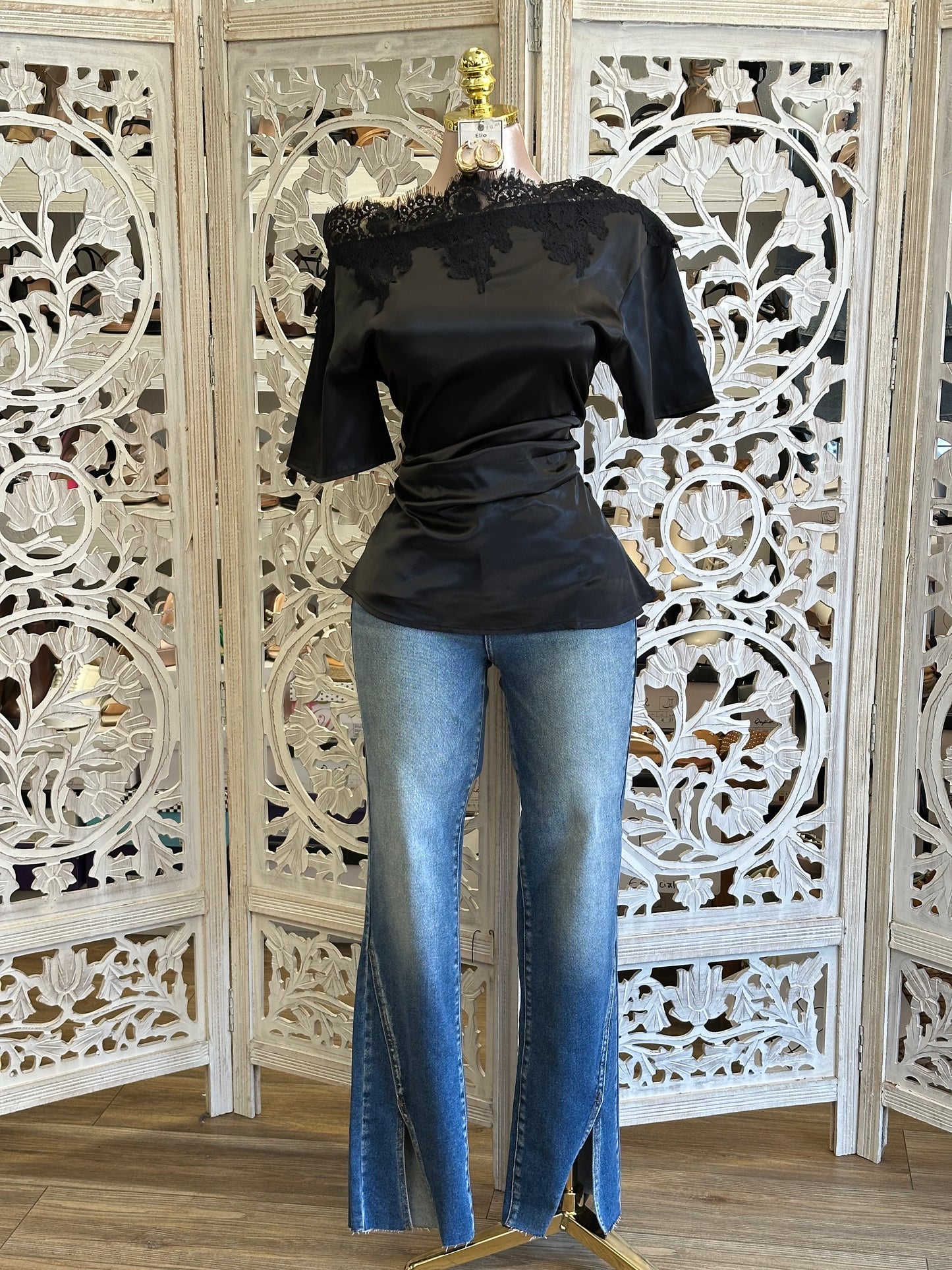 Black Boatneck Lace Blouse