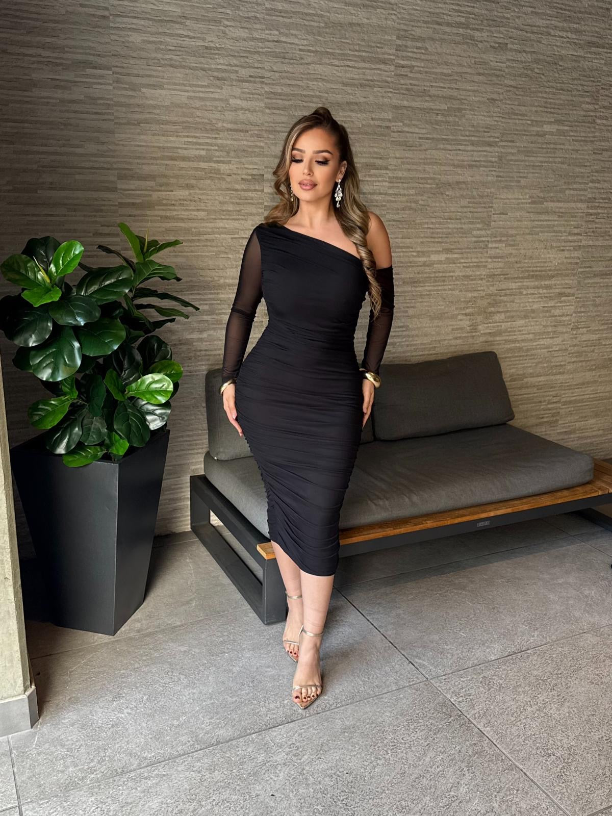 Black Asymmetrical Mesh Sleeve Dress-Stretchy,Estira