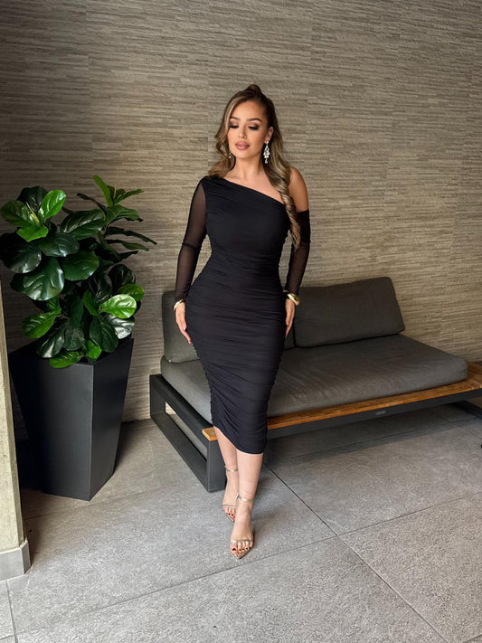 Black Asymmetrical Mesh Sleeve Dress-Stretchy,Estira