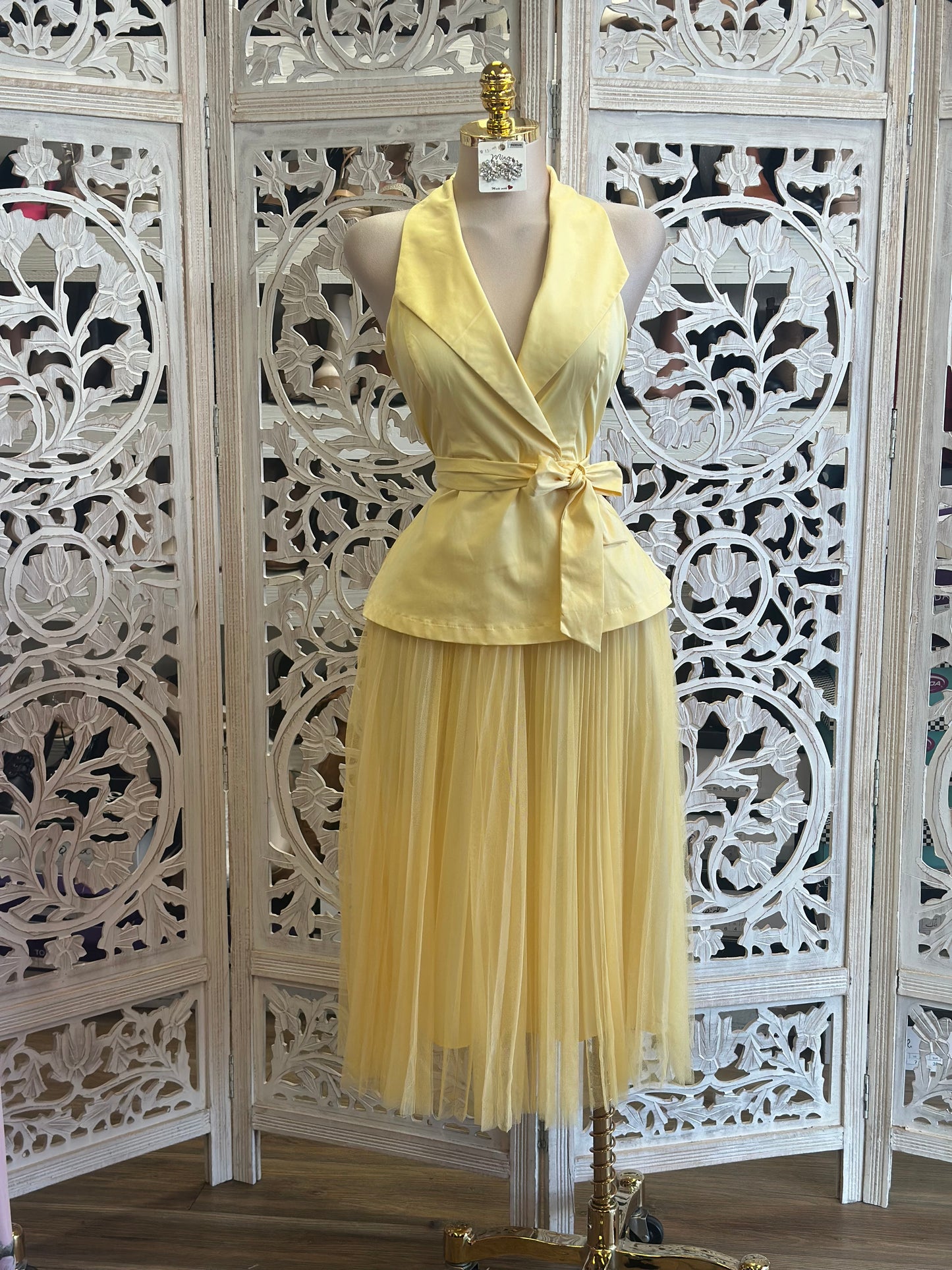 Butter Cream Tulle Wrapped Dress-Not Stretchy,No Estira