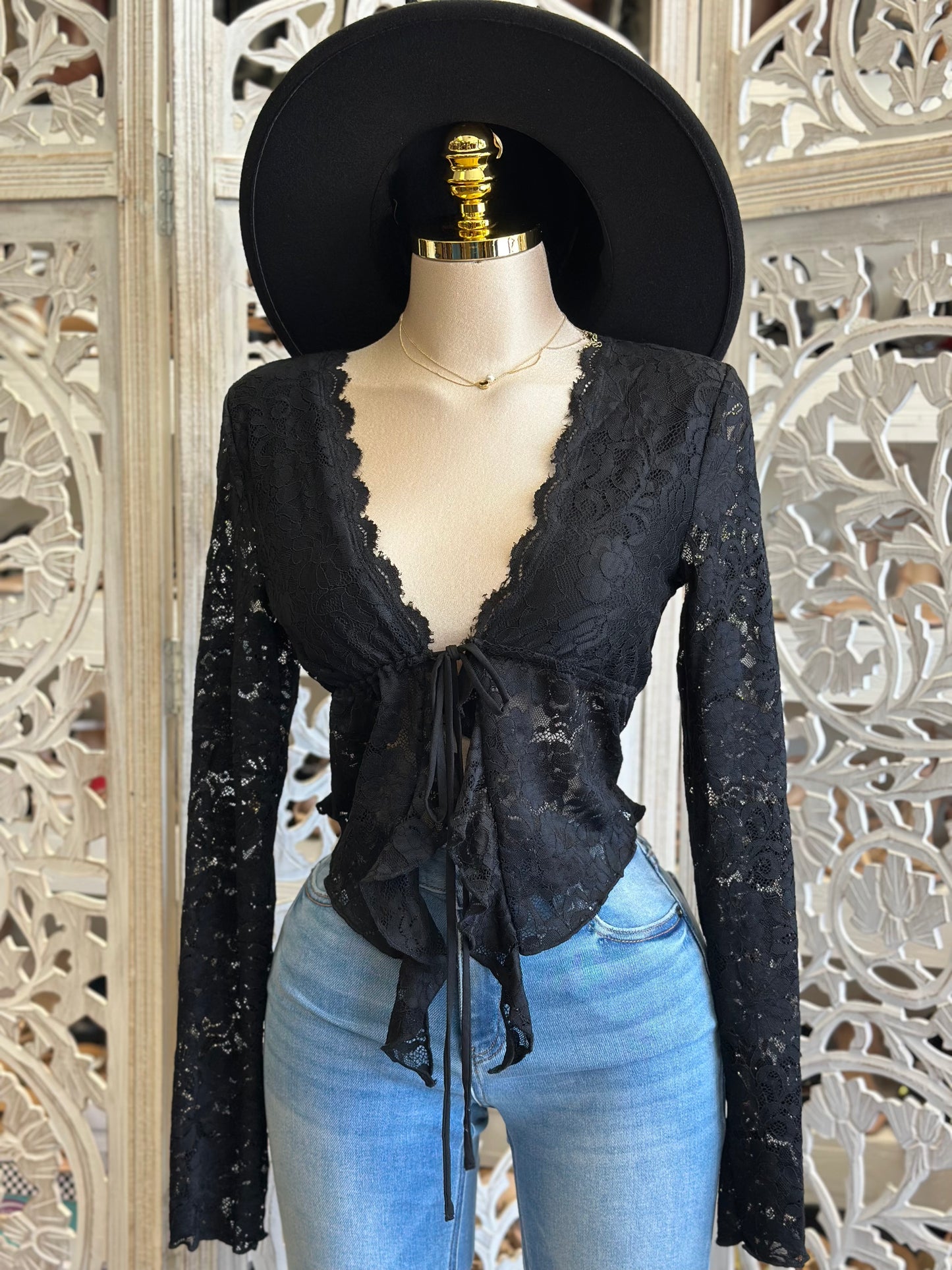 Black Lace Long Sleeve Blouse- Estira, Stretchy