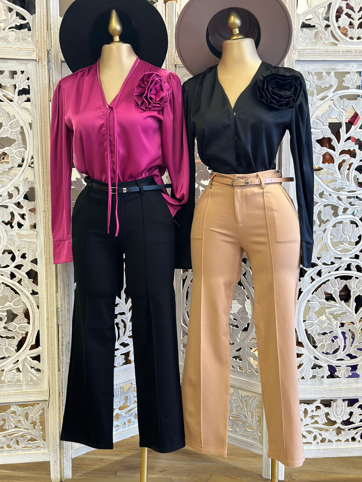 Straight Leg Trousers with Belt- Stretchy