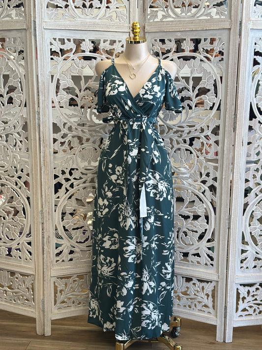 Deep Green Floral Maxi Dress- Stretchy, Estira