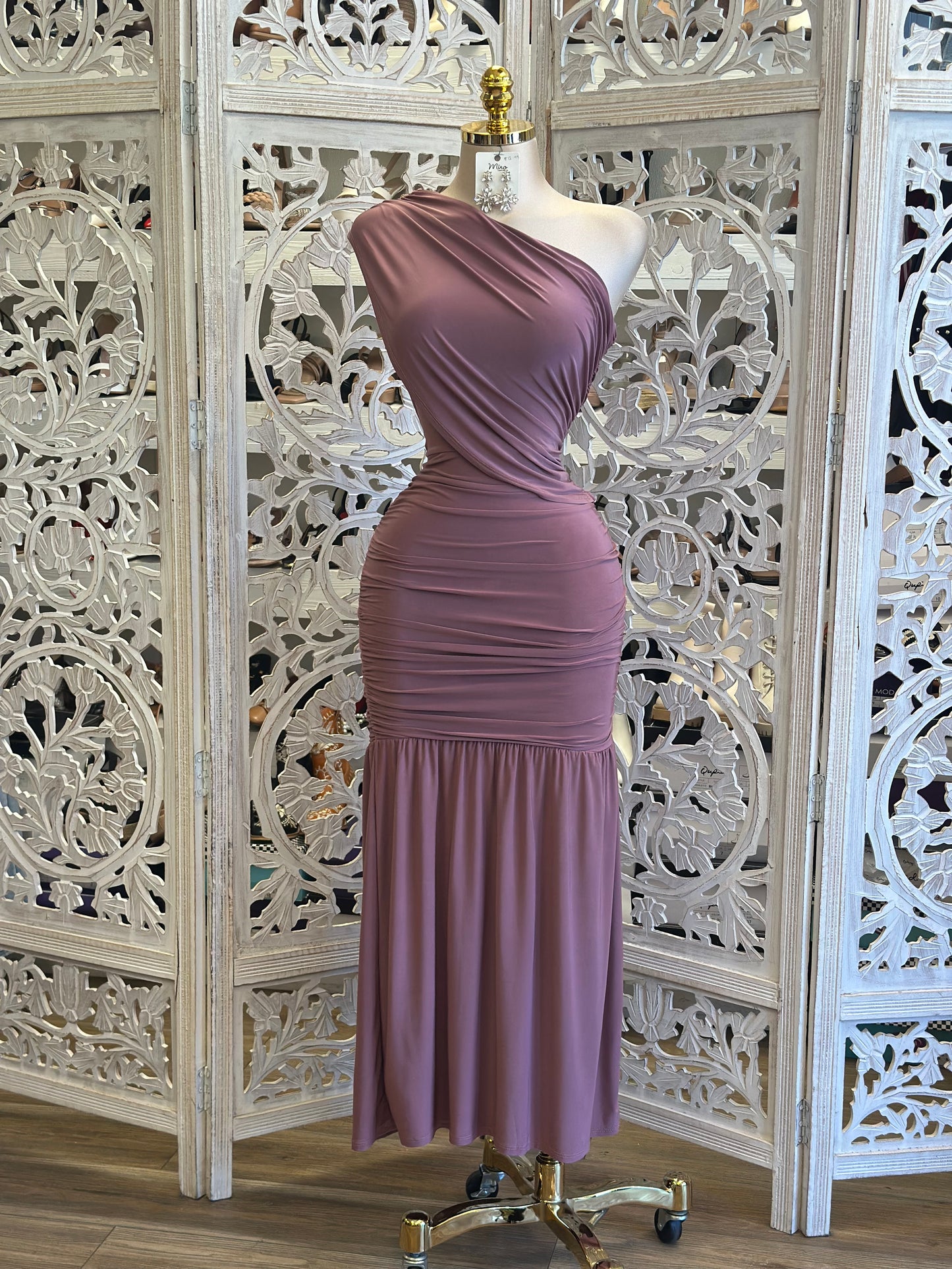 One Sleeve Berry Midi Dress- Stretchy, Estira