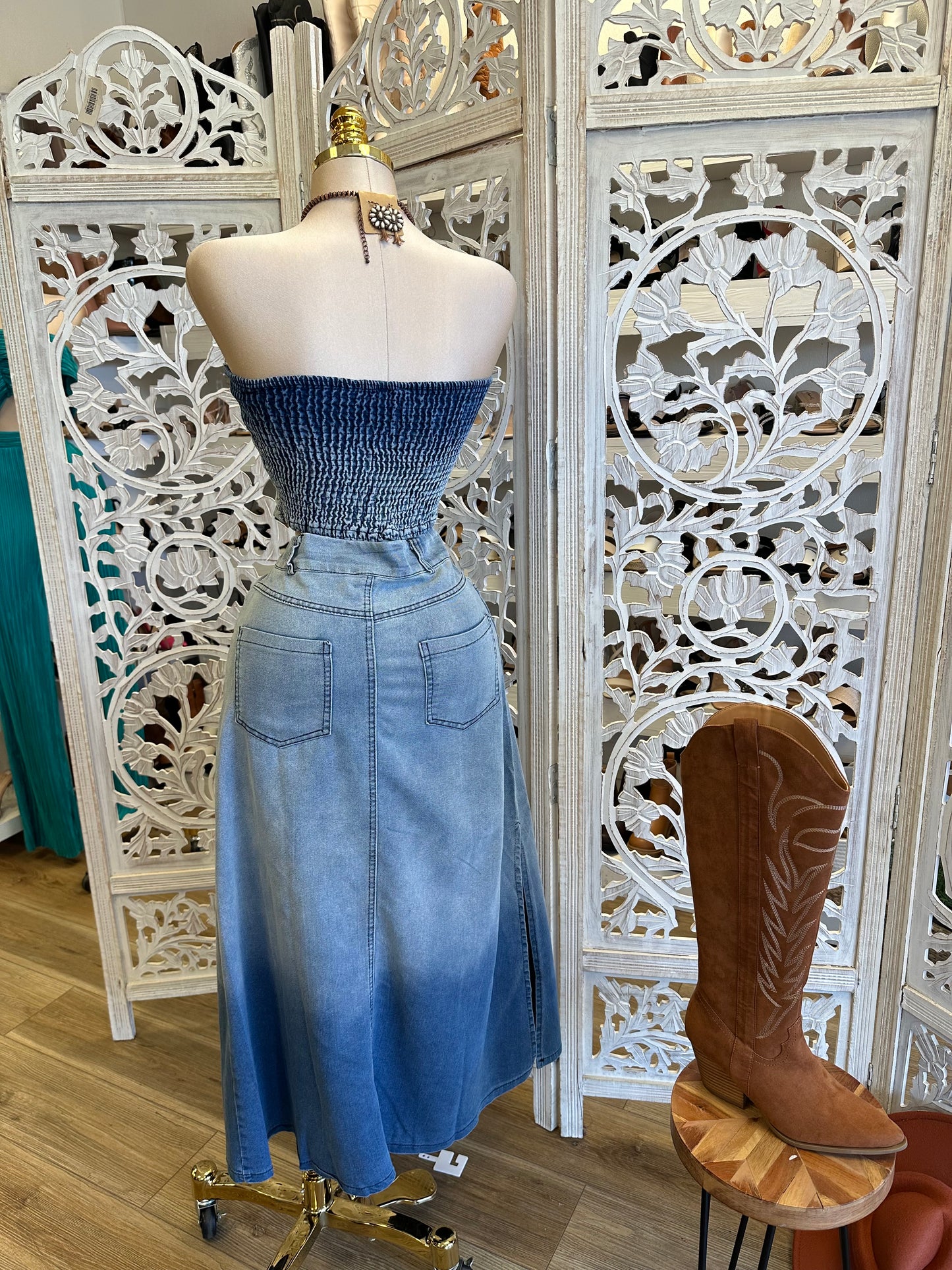 Denim Maxi Skirt Set - No Estira, Not Stretchy