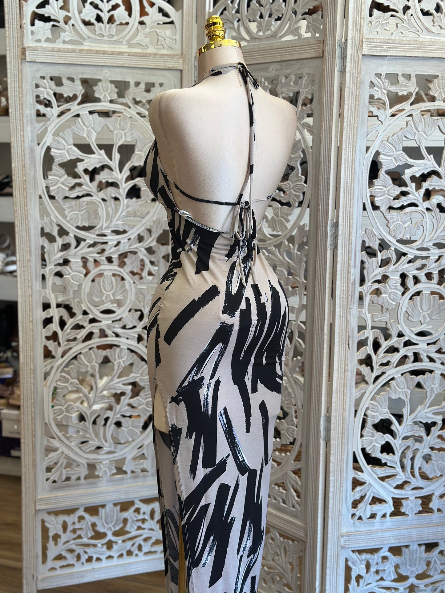 Cowl Open Back Beige Pattern Dress- Stretchy , Estira