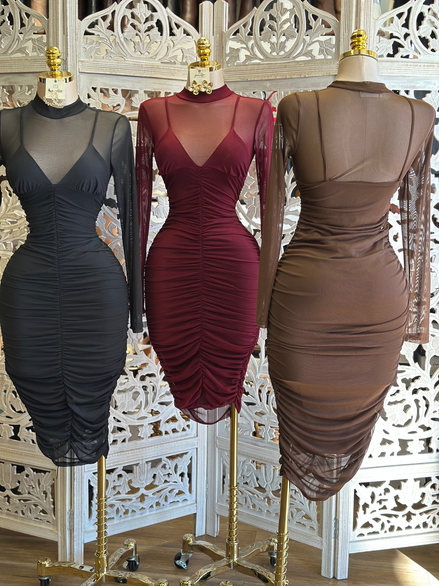 V Garment Mesh Ruched Dress- Stretchy,Estira