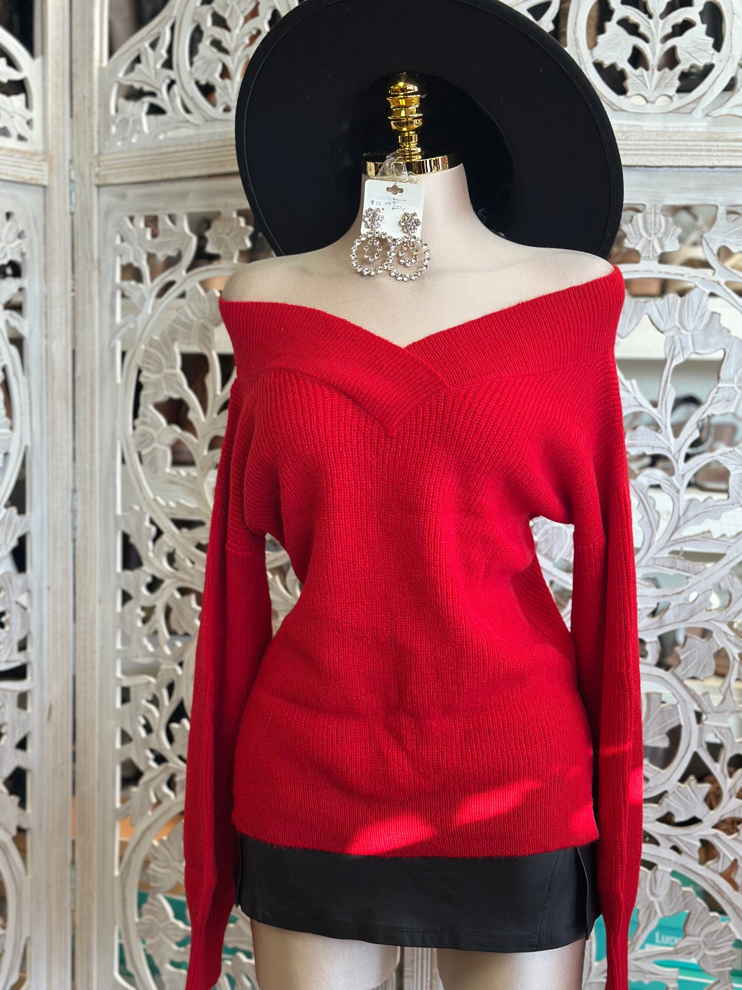 Red V Off Shoulder Knit Sweater