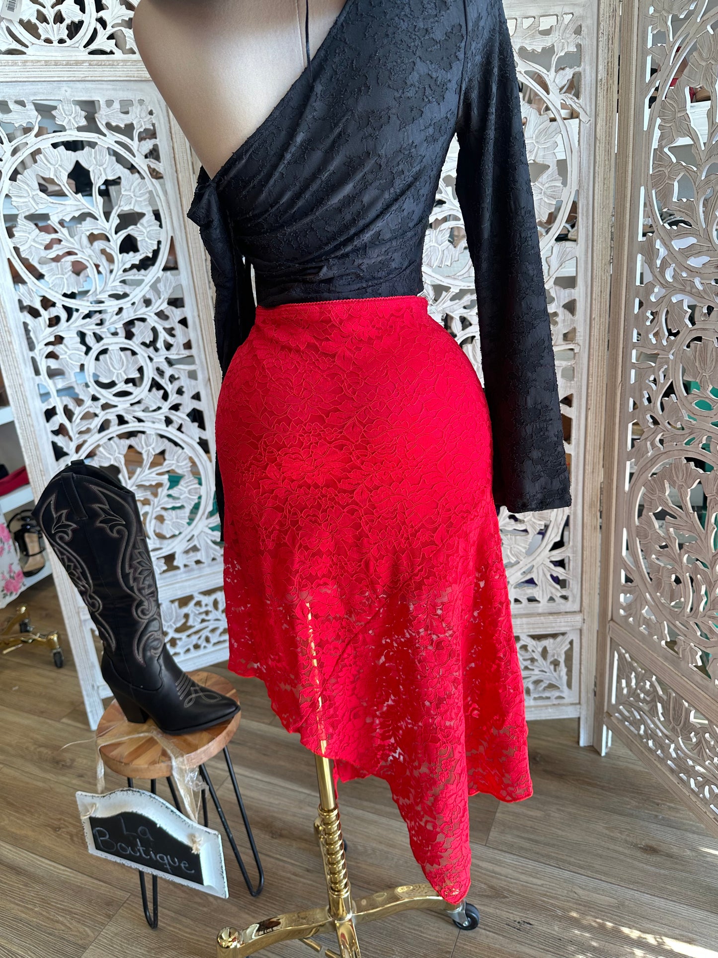 Red Aymmetrical Lace Midi Skirt-Estira, Stretchy