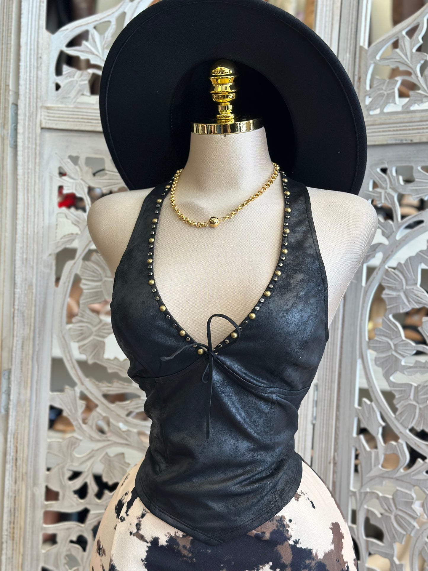 Faux Leather Black Studded Halter Top