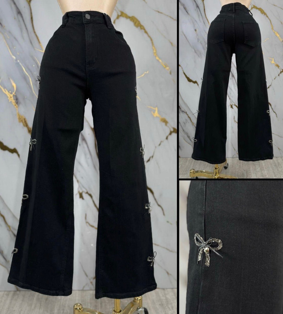 Rhinestone Bow Black Wide Leg Jeans - Slightly Stretchy, Estira Poco