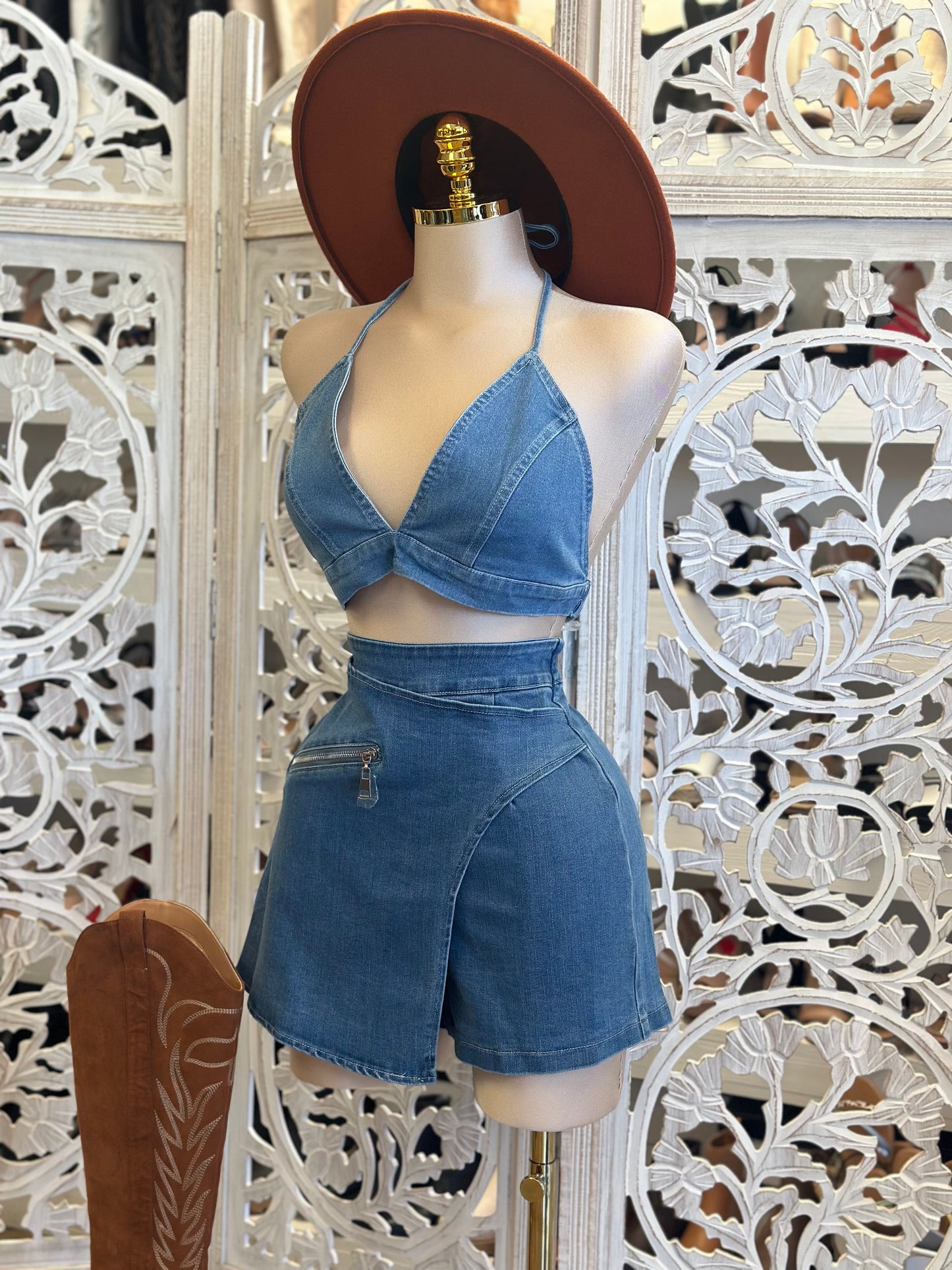 Denim Knotted Top and Shorts Set - Estira, Stretchy