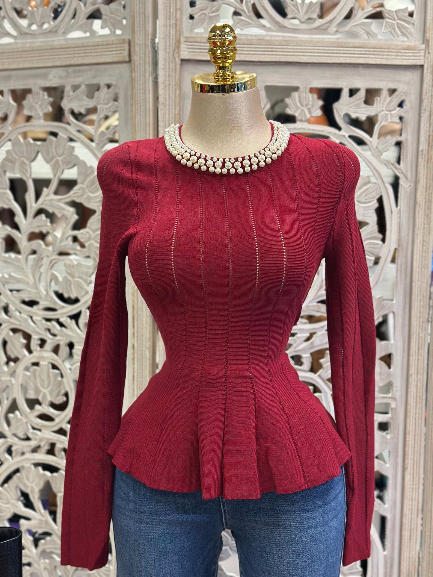 Knitted Deep Red Pearl Top- Estira, Stretchy