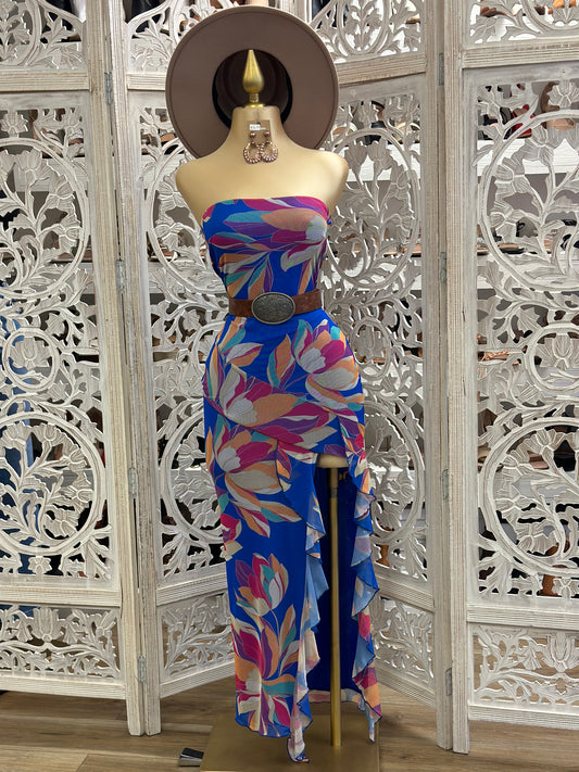 Strapless Blue Pattern Ruffle Slit Dress- Stretchy