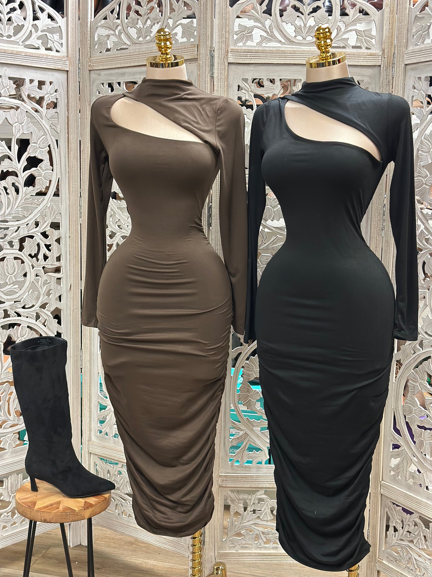 Long Sleeve Cutout Midi Dress- Stretchy,Estira
