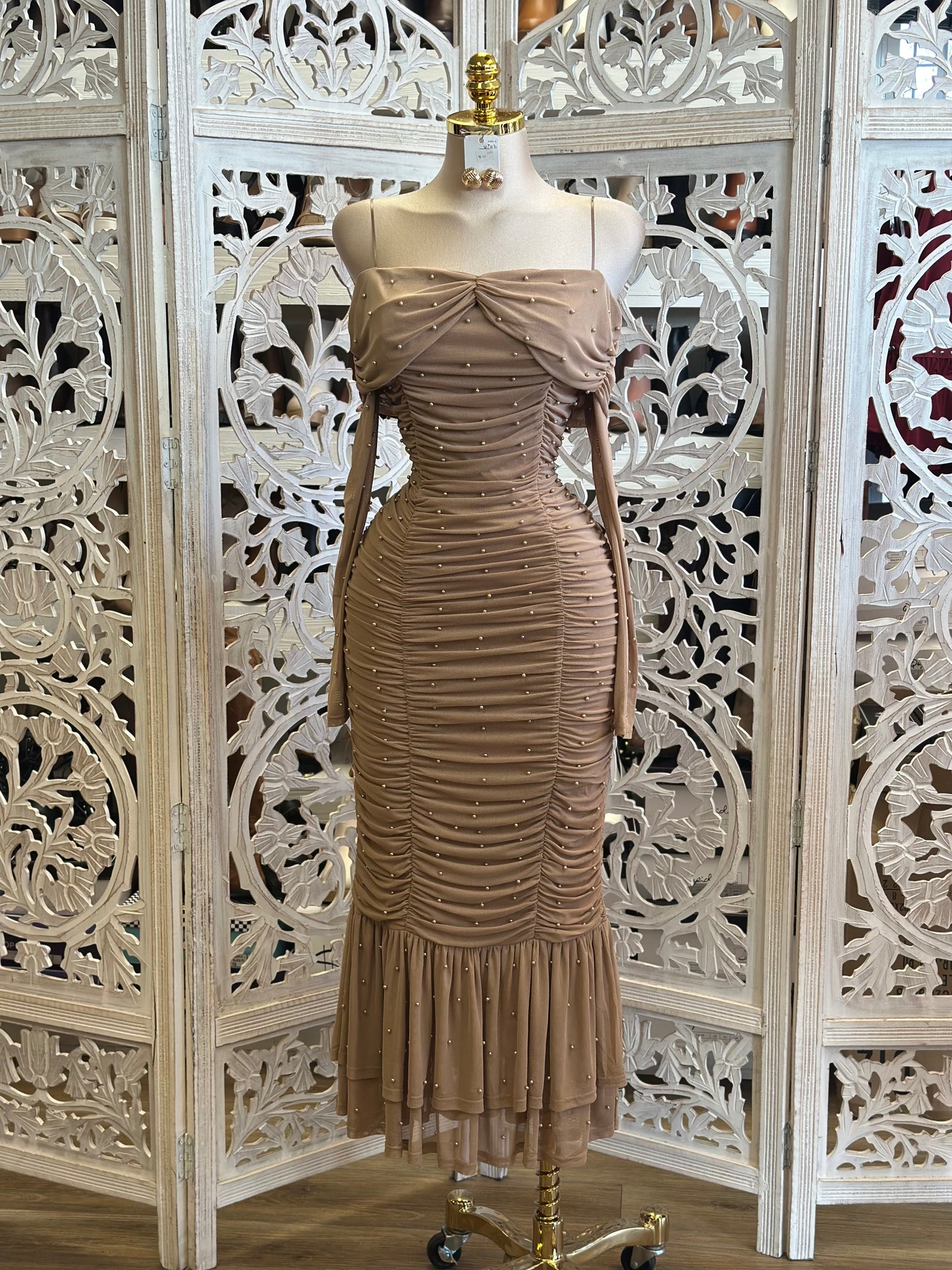 Embellished Brown Ruched Dress-Estira, Stretchy