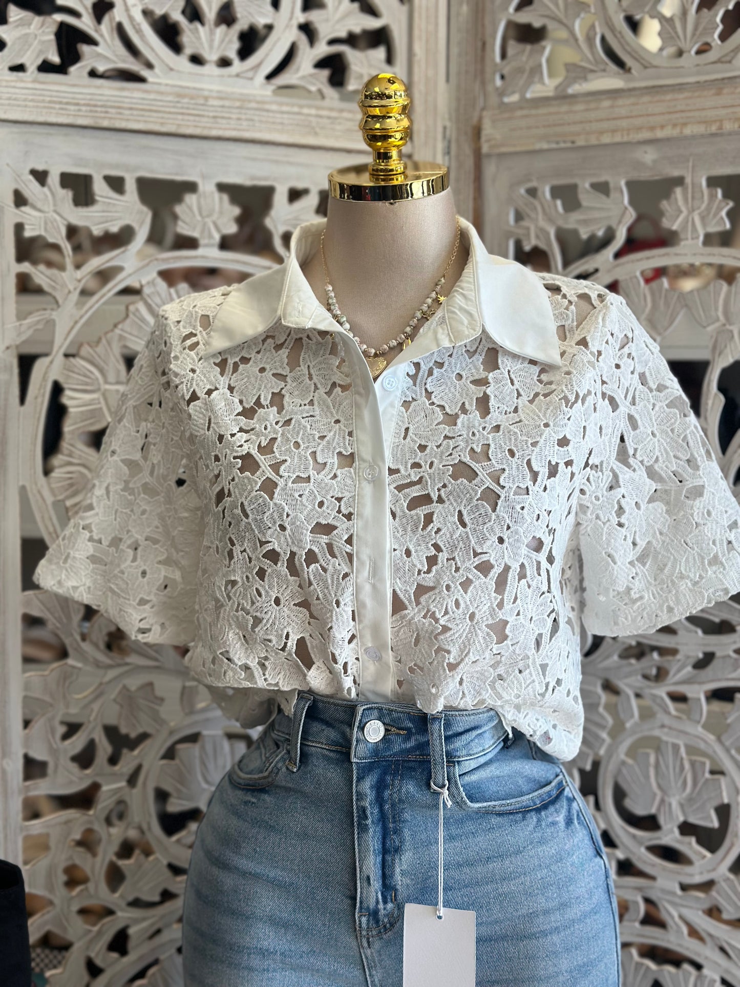White Floral Button Up Blouse- Estira, Stretchy