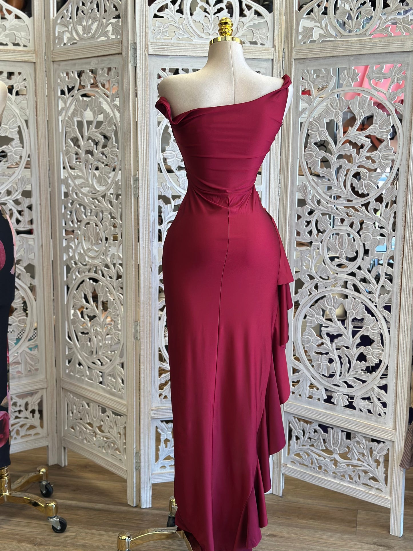 Burgundy High Slit Asymmetrical Dress - Estira, Stretchy