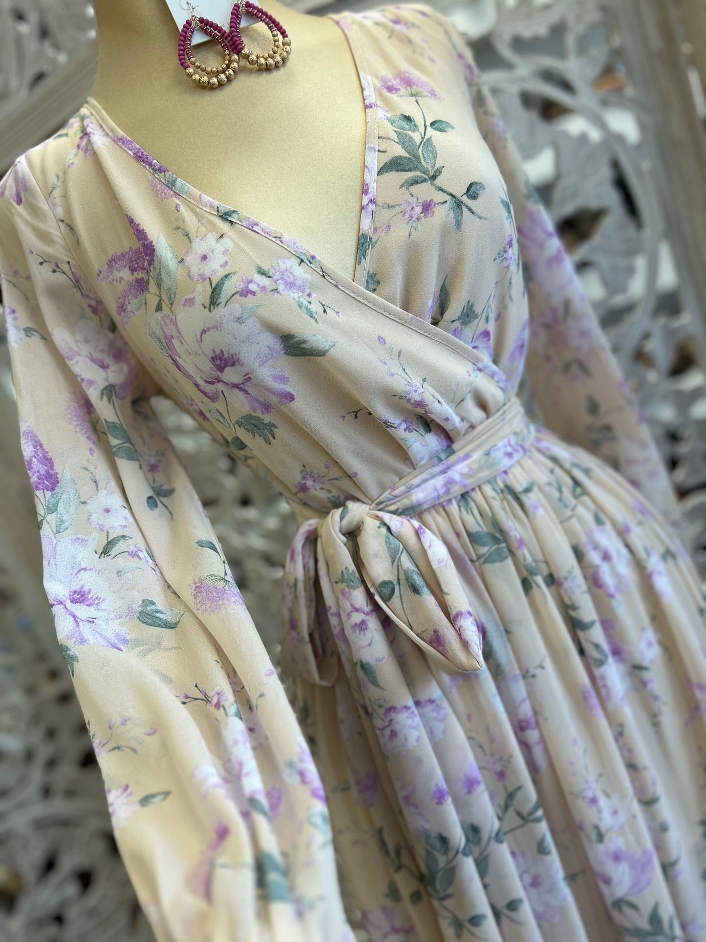 Beige Floral Wrapped Maxi Dress- Slightly Stretchy