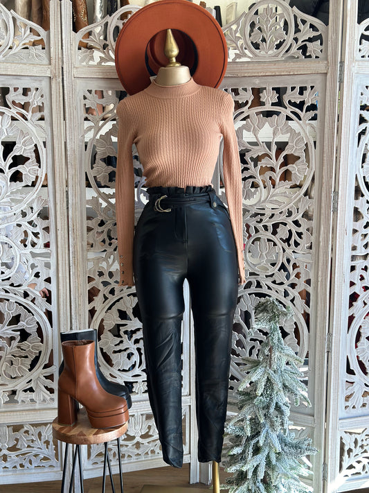 Black Belted Faux Leather Flare Pants