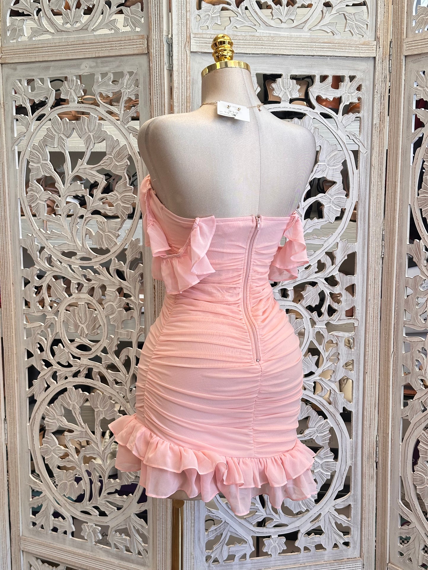 Soft Pink Ruffled Off Shoulder Mini Dress - Estira, Stretchy