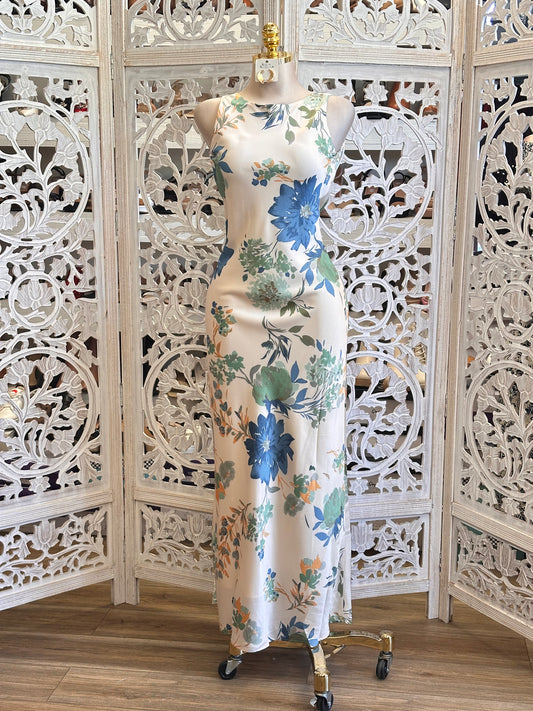 Draped Back Floral Satin Dress- Not Stretchy, No Estira