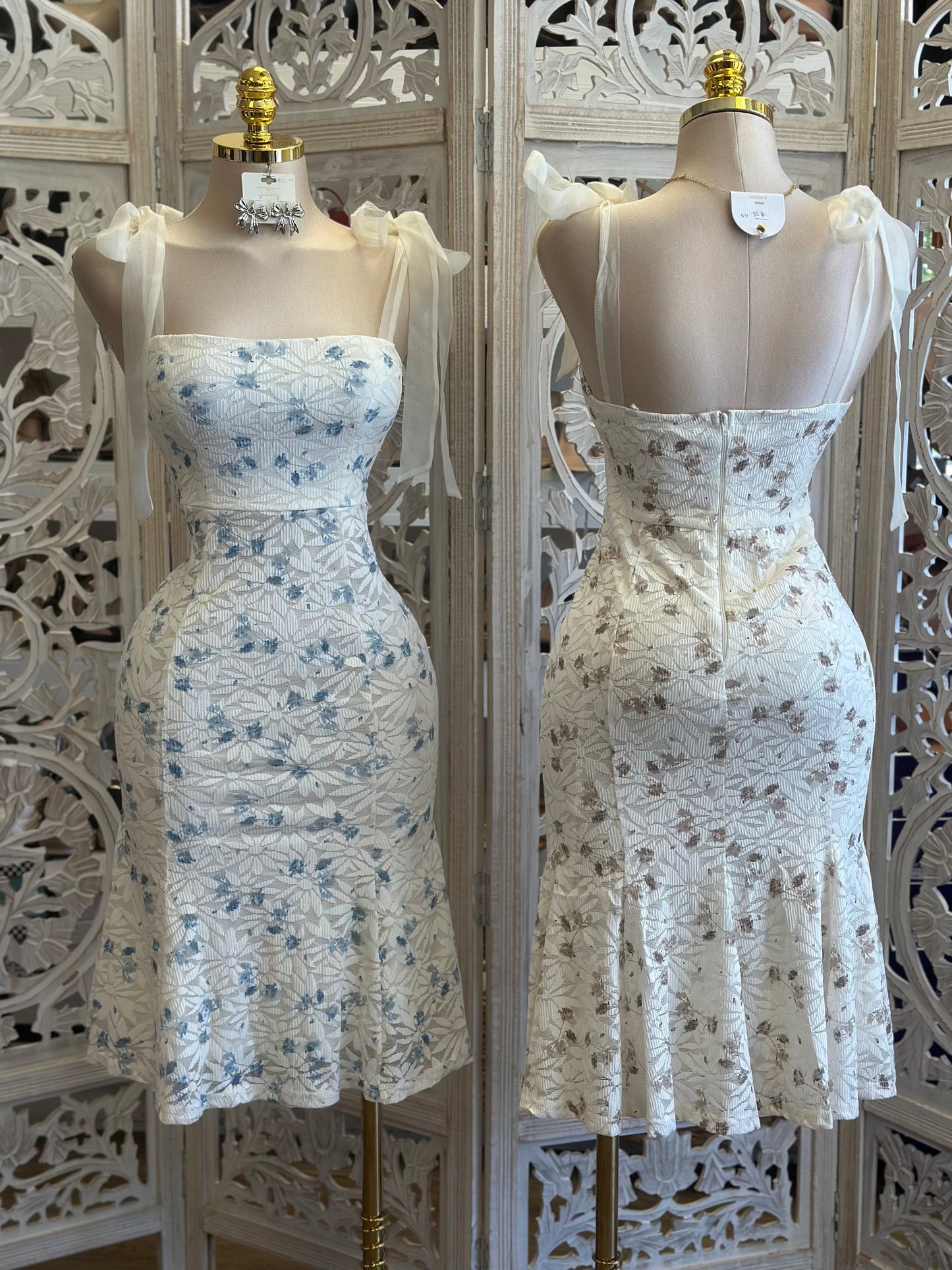 Lace Ribbon Strap Floral Midi Fitted Dress - Estira, Stretchy