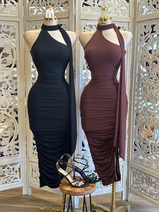 Scarfed High Neck Ruched Midi Dress- Stretchy