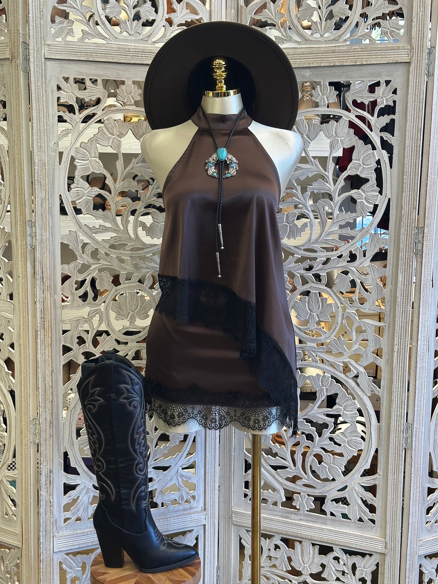 Lace Lined Chocolate Satin Set-Stretchy, Estira
