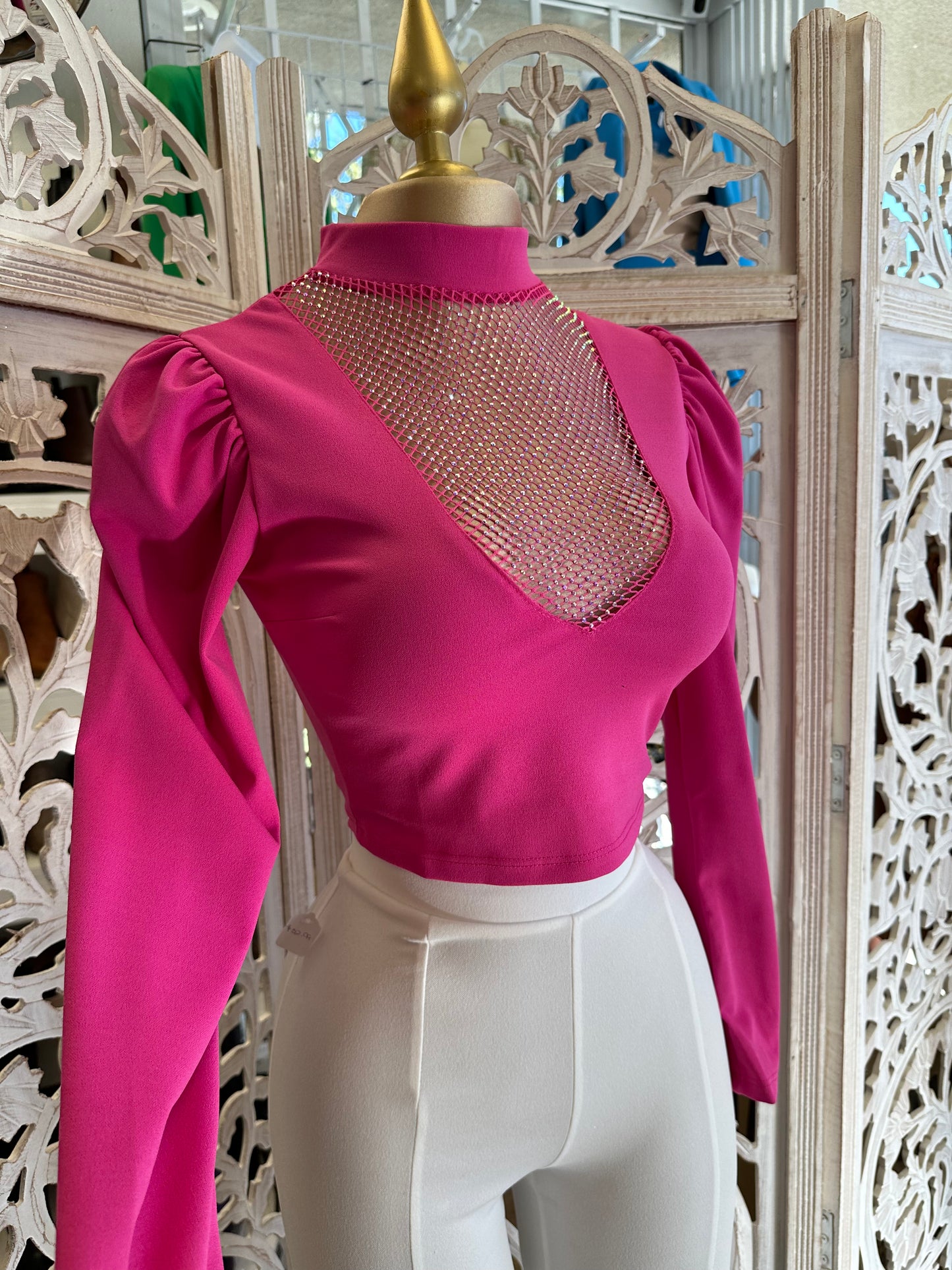 Hot Pink Rhinestone Scoop Blouse