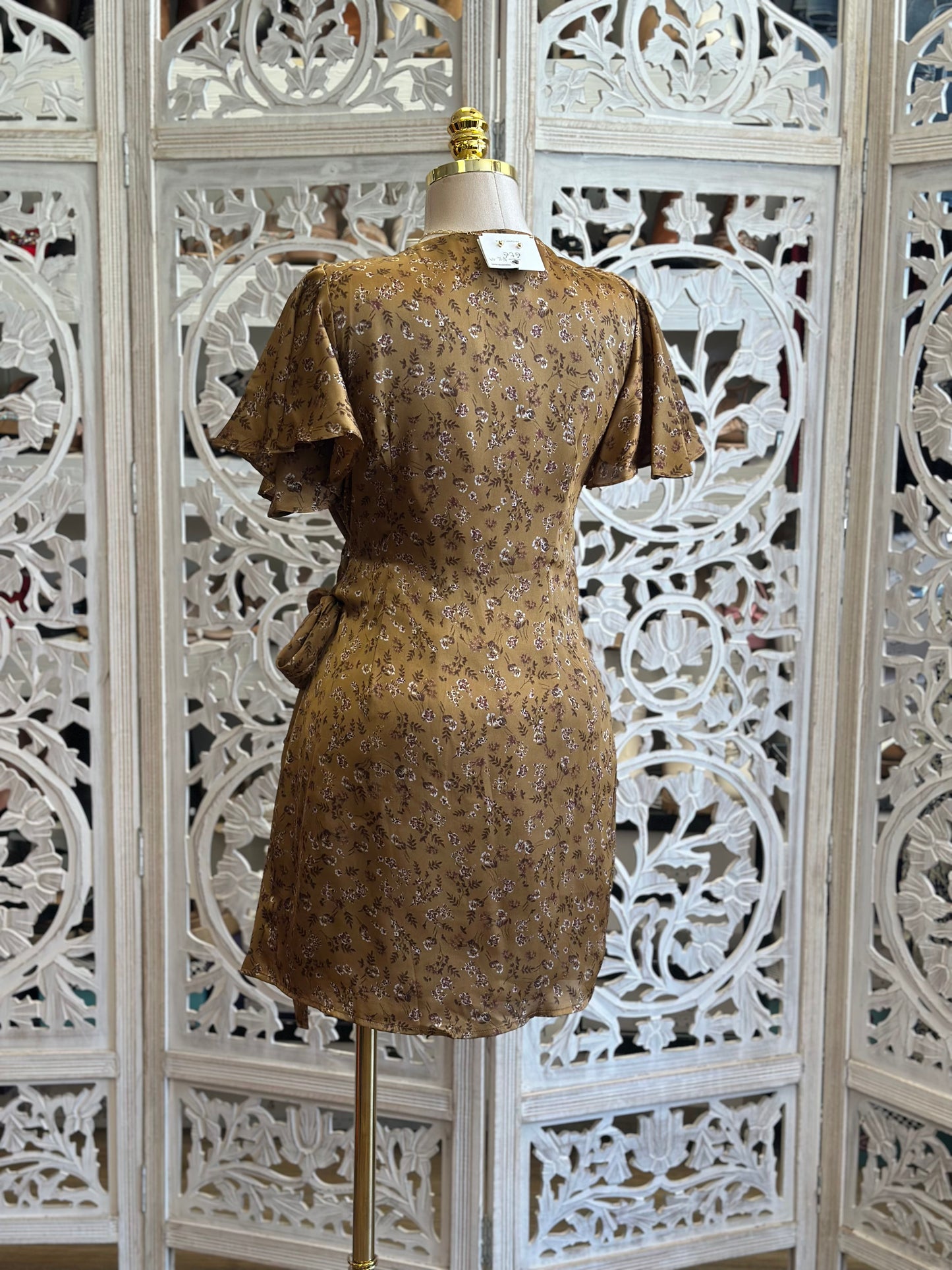 Brown Floral Satin Wrapped Mini Dress - No Estira, Not Stretchy