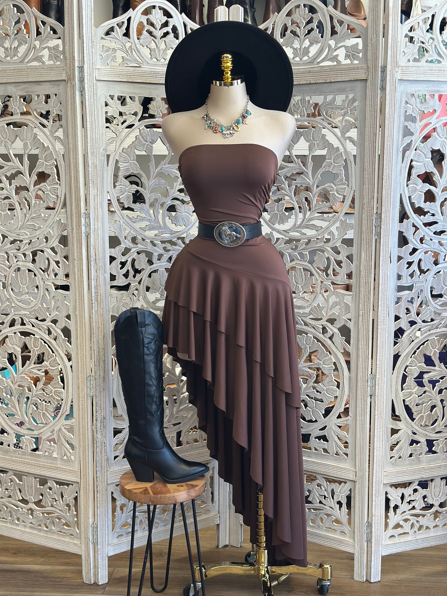Earth Brown Ruffle High Low Strapless Dress-Estira, Stretchy