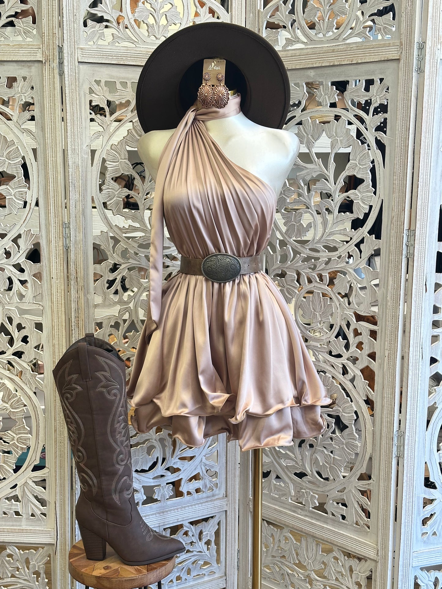 Champagne Satin One-Shoulder Mini Dress — Stretchy,Estira
