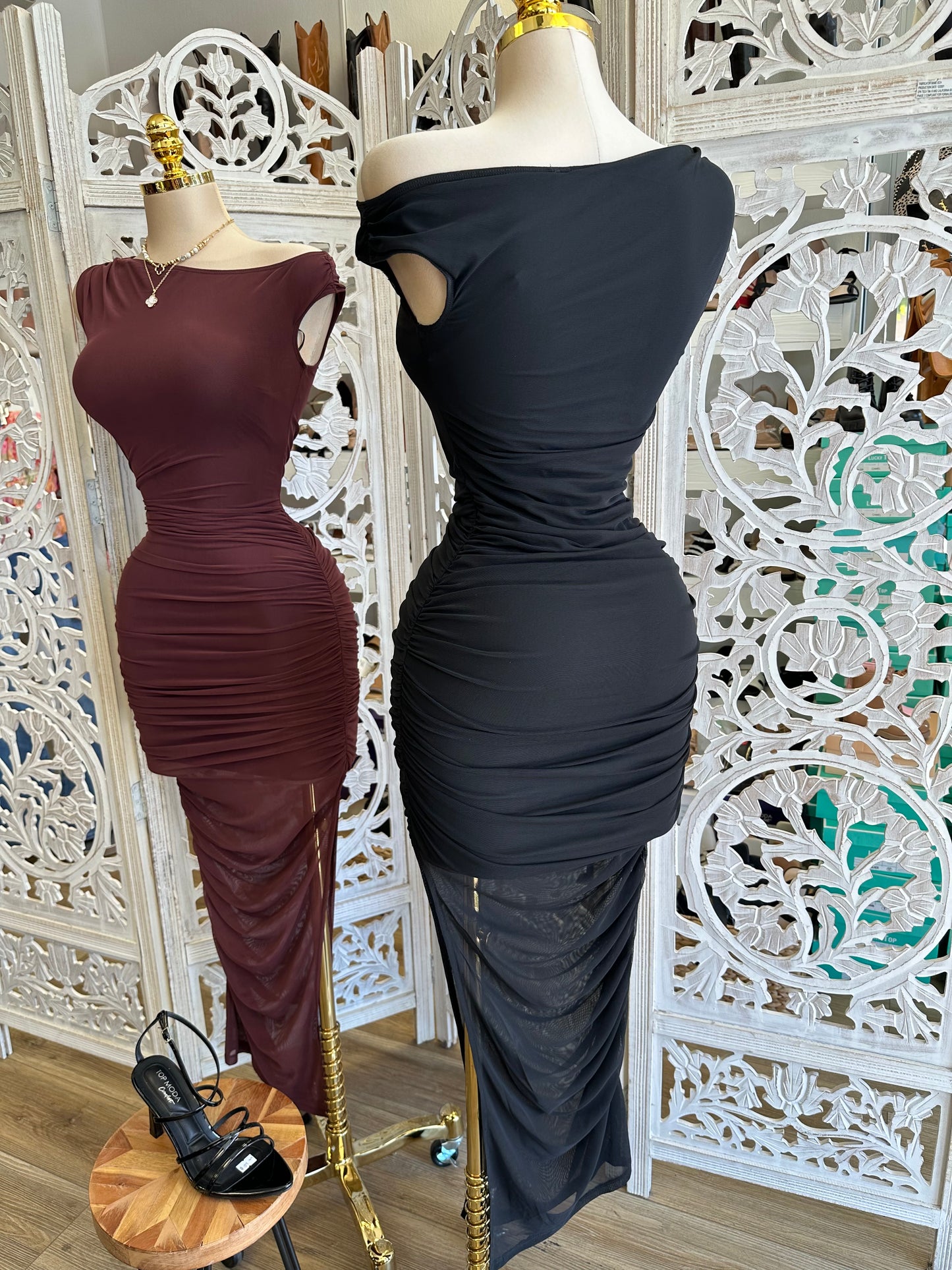 Draped Shoulder Ruched Mesh Dress- Stretchy,Estira