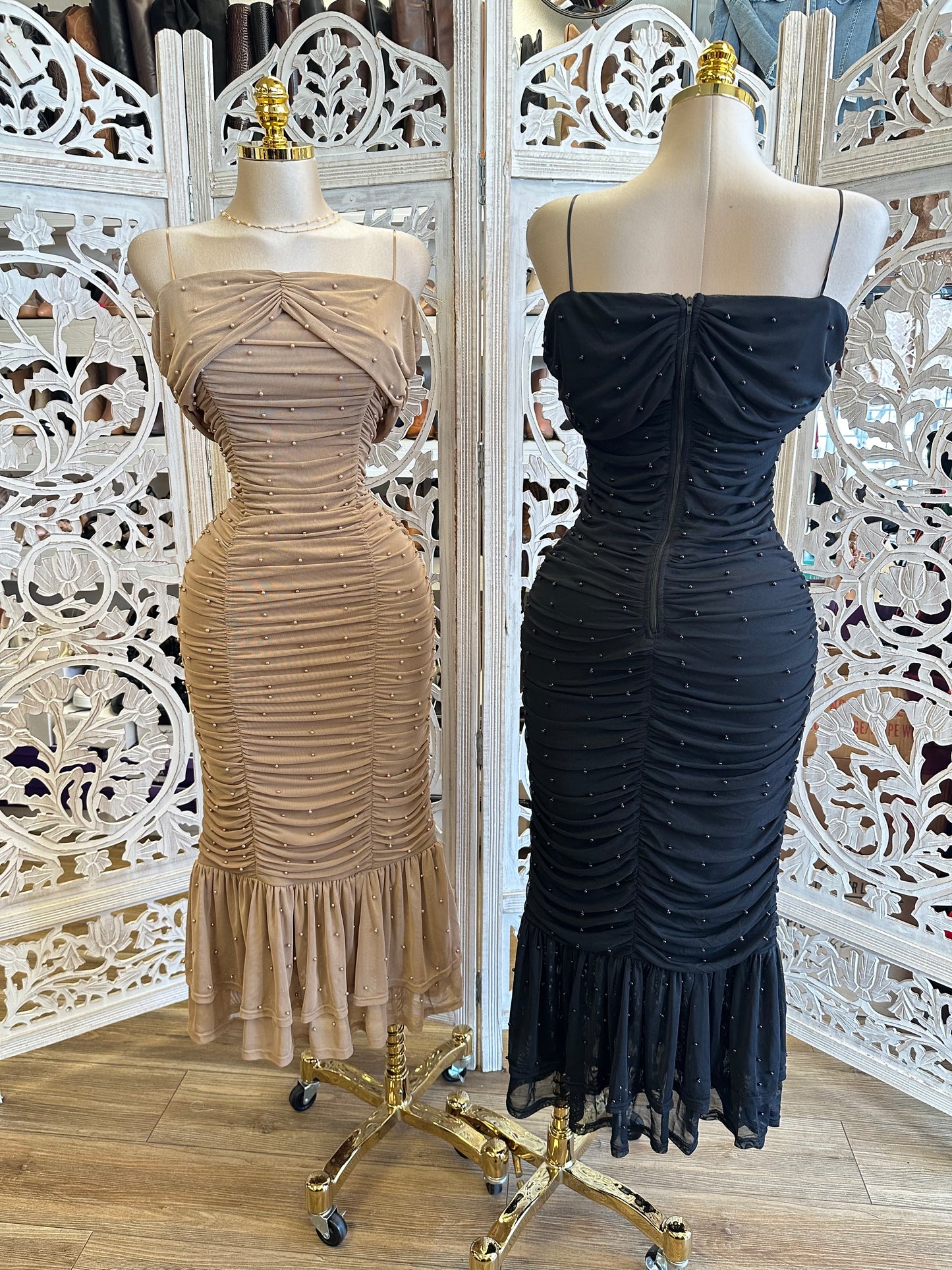 Ruched Embellished Midi Dress- Stretchy, Estira