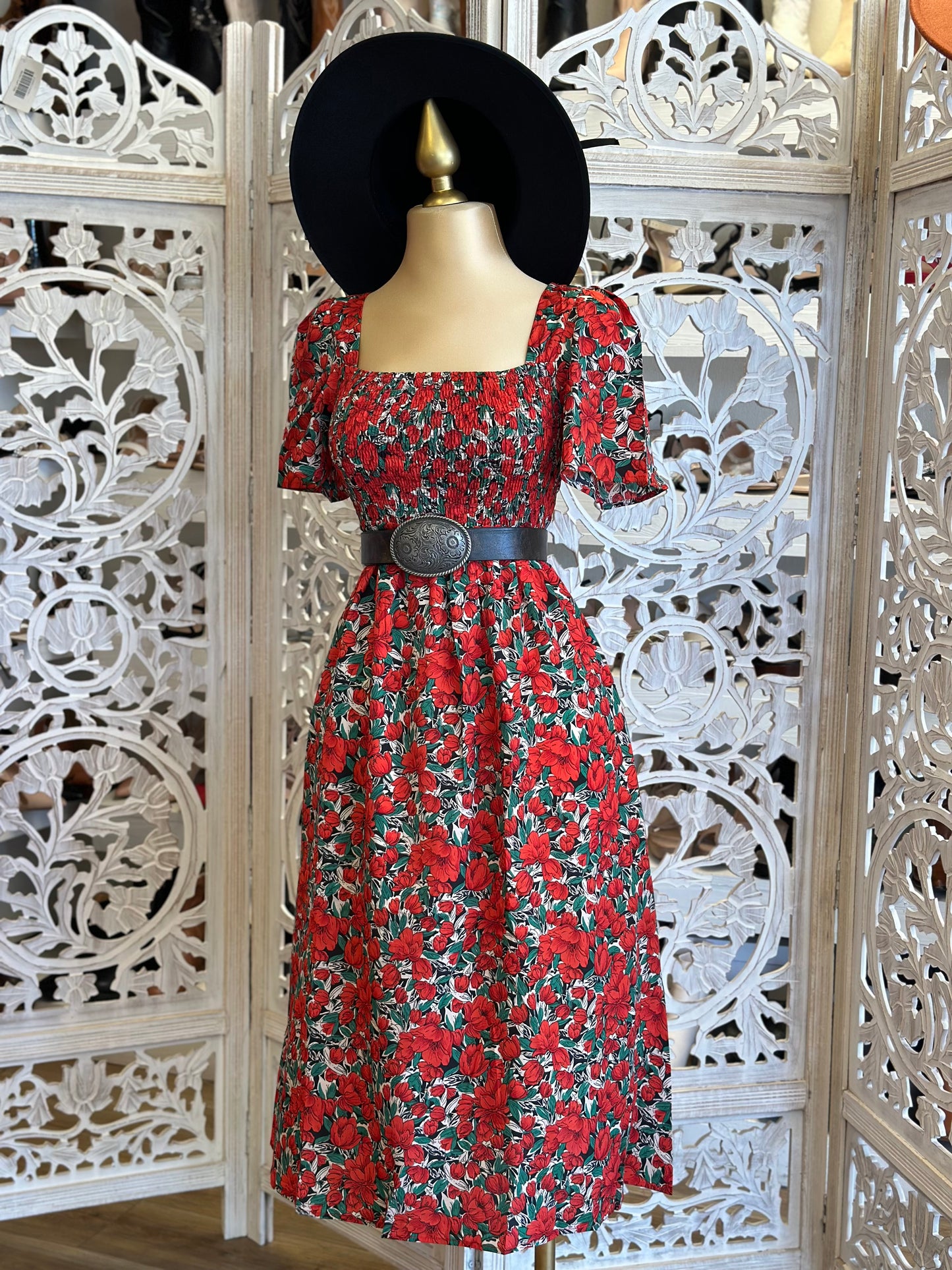 Red Floral Square Neck Dress- Stretchy