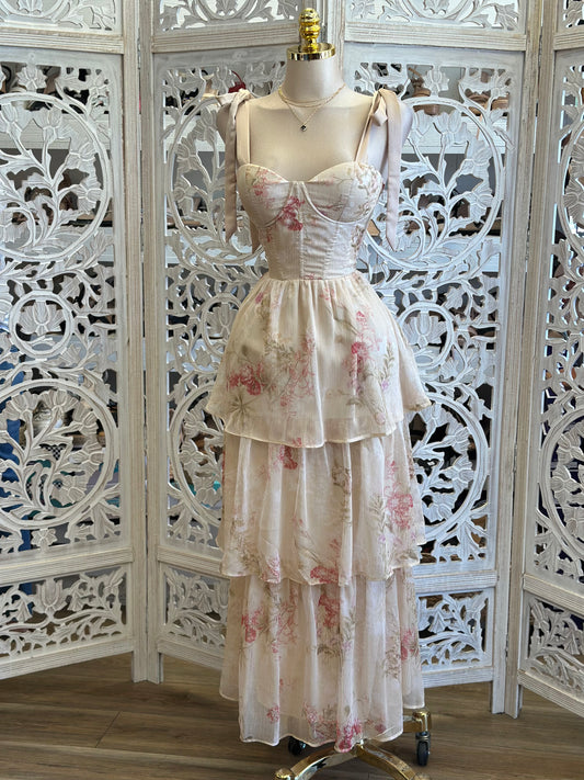 Ruffle Floral Bow Sleeve Dress- No Estira, Not Stretchy